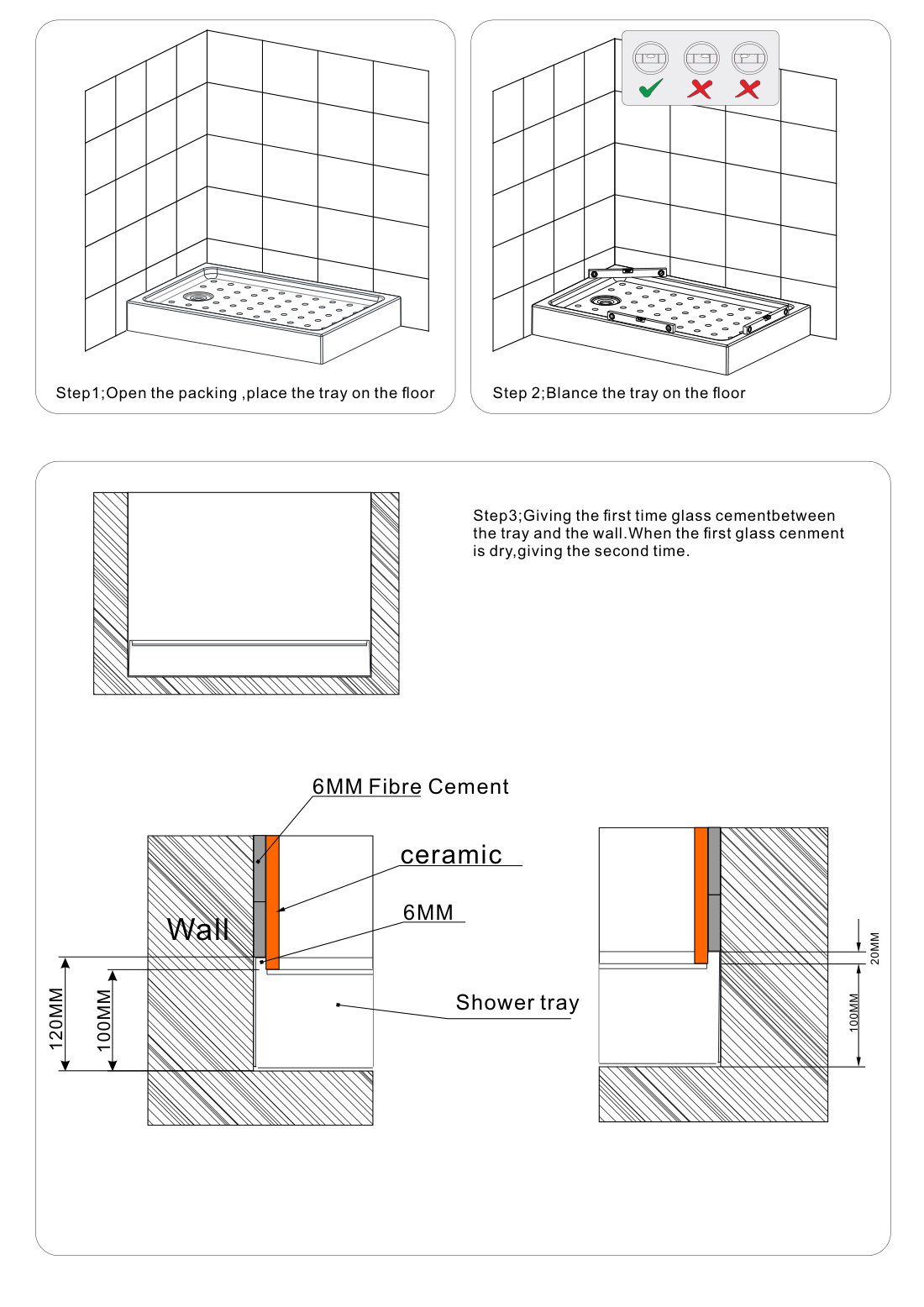 Shower base tray installation diagram